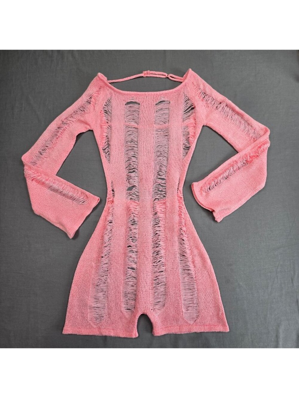 Tic Toc Small Womens Pink Distressed Knit Long Sleeve Mini Romper Sheer Bodycon